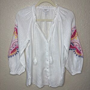Charter Club Luxury White Linen Embroidery Bohemian Chic Top Women's Size XS